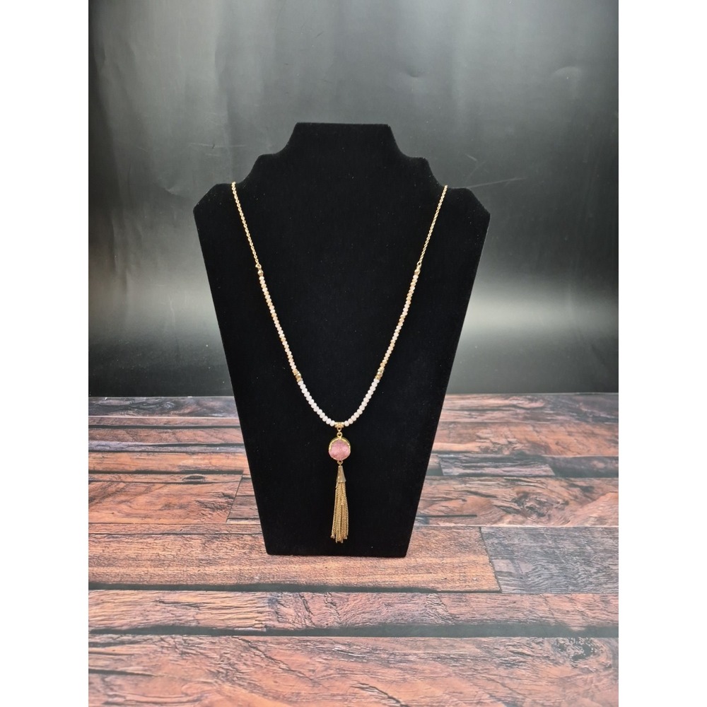 Vtg Purple Crystal Faux Pearl Tassel Pendant Necklace 30" Gold‎ Tone Layer Boho